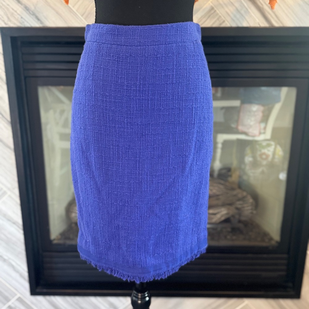 J. Crew Tweed Skirt Frayed Hem Pencil Career Purple Blue‎ Size 00